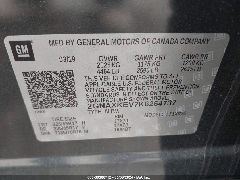 2019 Chevrolet Equinox Lt VIN: 2GNAXKEV7K6264737 Lot: 39366712