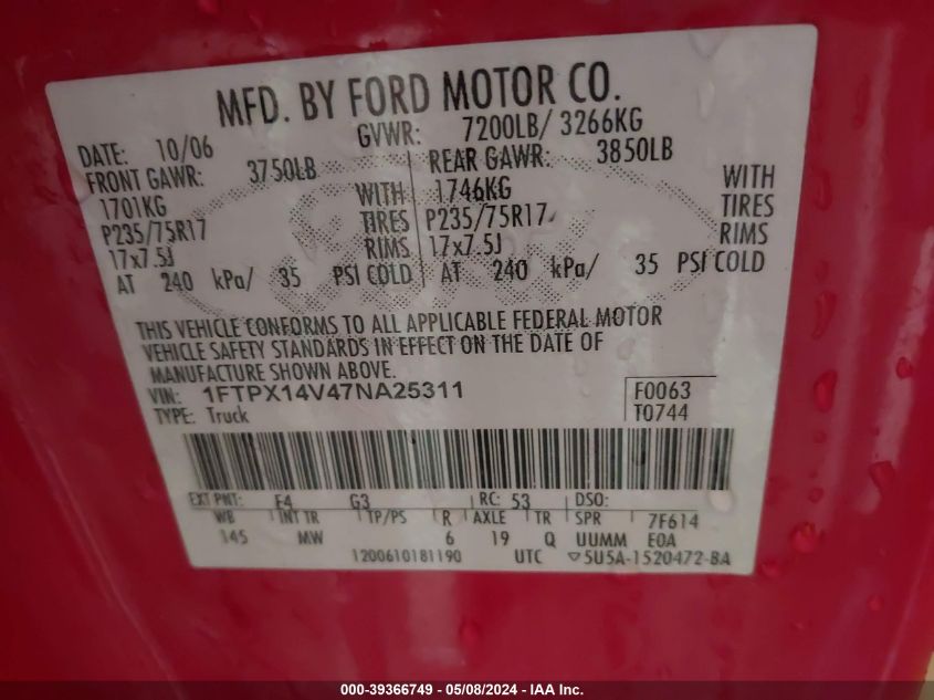 2007 Ford F-150 Fx4/Lariat/Xl/Xlt VIN: 1FTPX14V47NA25311 Lot: 39366749