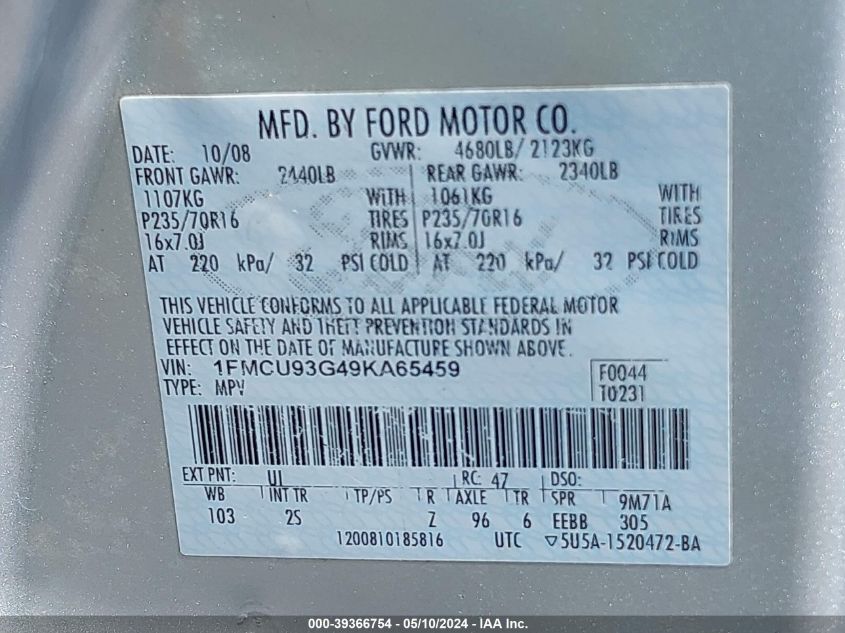 2009 Ford Escape Xlt VIN: 1FMCU93G49KA65459 Lot: 39366754