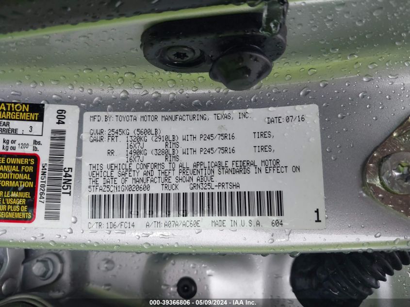 2016 TOYOTA TACOMA DBL CAB/SR5/TRD SPORT/OR - 5TFAZ5CN1GX020600