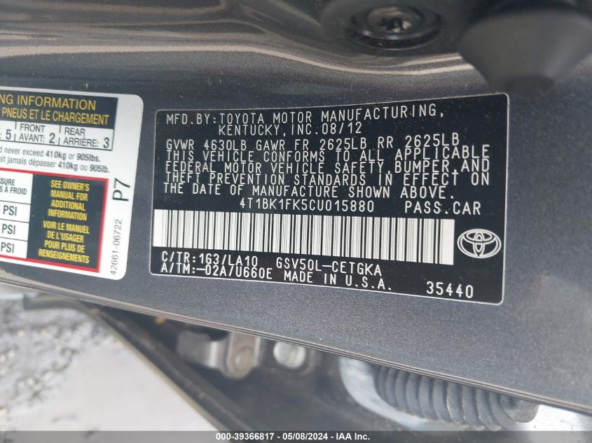 2012 Toyota Camry Xle V6 VIN: 4T1BK1FK5CU015880 Lot: 39366817