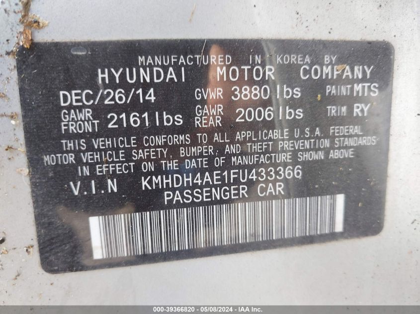 2015 Hyundai Elantra Se VIN: KMHDH4AE1FU433366 Lot: 39366820