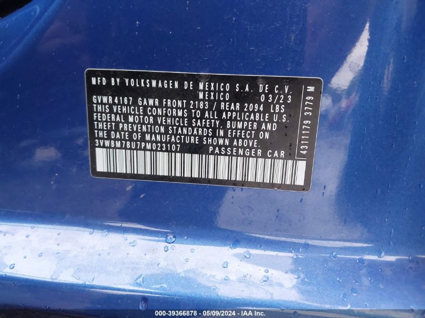 2023 Volkswagen Jetta 1.5T Sport VIN: 3VW7M7BU4PM009798 Lot: 39366878