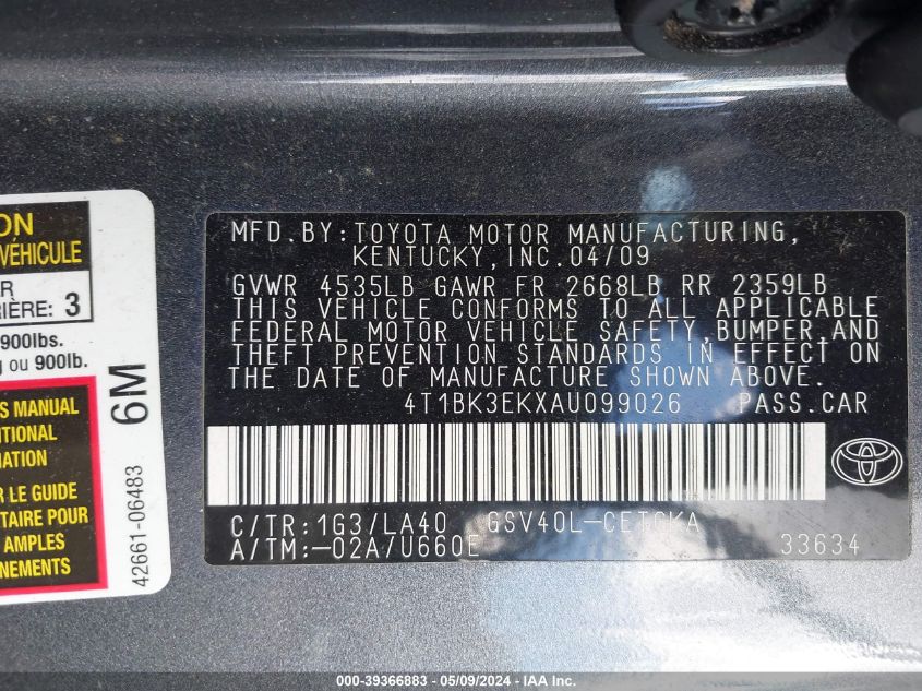2010 Toyota Camry Xle V6 VIN: 4T1BK3EKXAU099026 Lot: 39366883