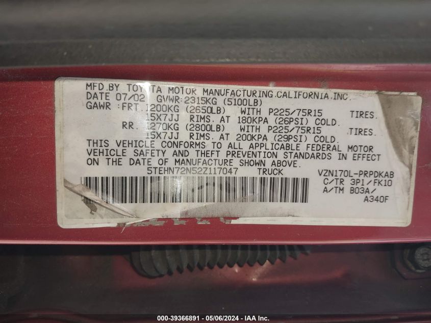 2002 Toyota Tacoma Base V6 VIN: 5TEHN72N52Z117047 Lot: 39366891