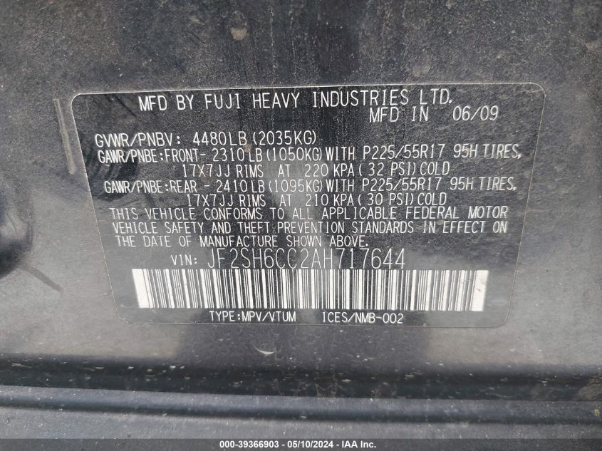 2010 Subaru Forester 2.5X Premium VIN: JF2SH6CC2AH717644 Lot: 39366903