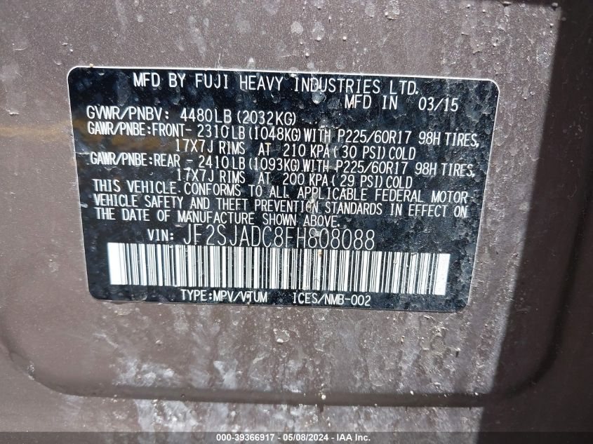 2015 Subaru Forester 2.5I Premium VIN: JF2SJADC8FH808088 Lot: 39366917