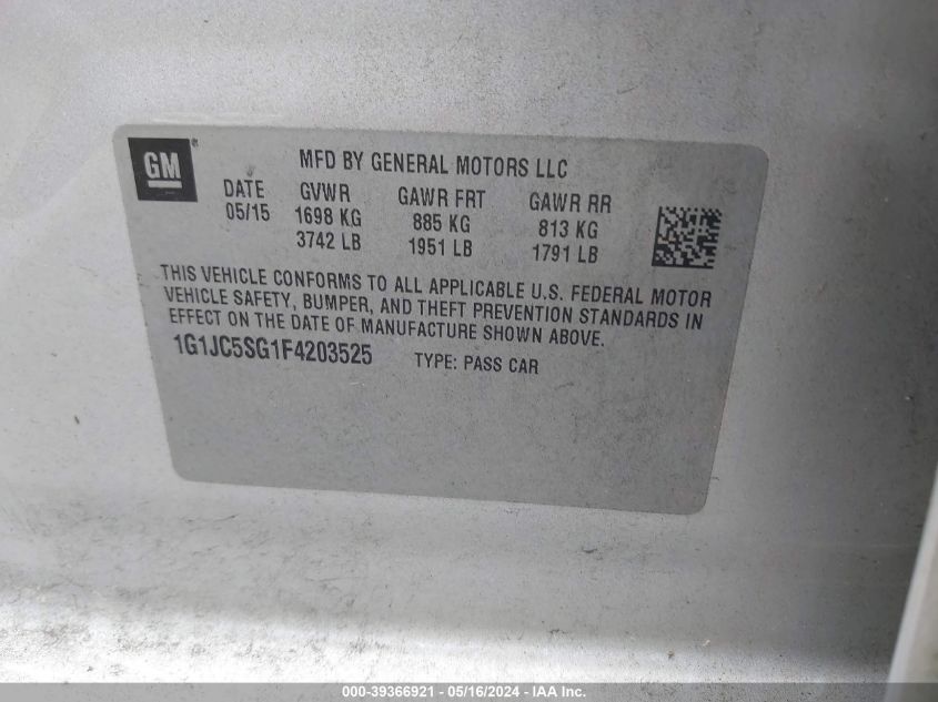 2015 Chevrolet Sonic Lt Auto VIN: 1G1JC5SG1F4203525 Lot: 39366921