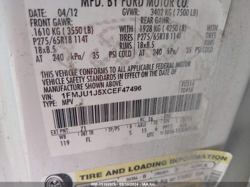 2012 Ford Expedition Xlt VIN: 1FMJU1J5XCEF47496 Lot: 39366975