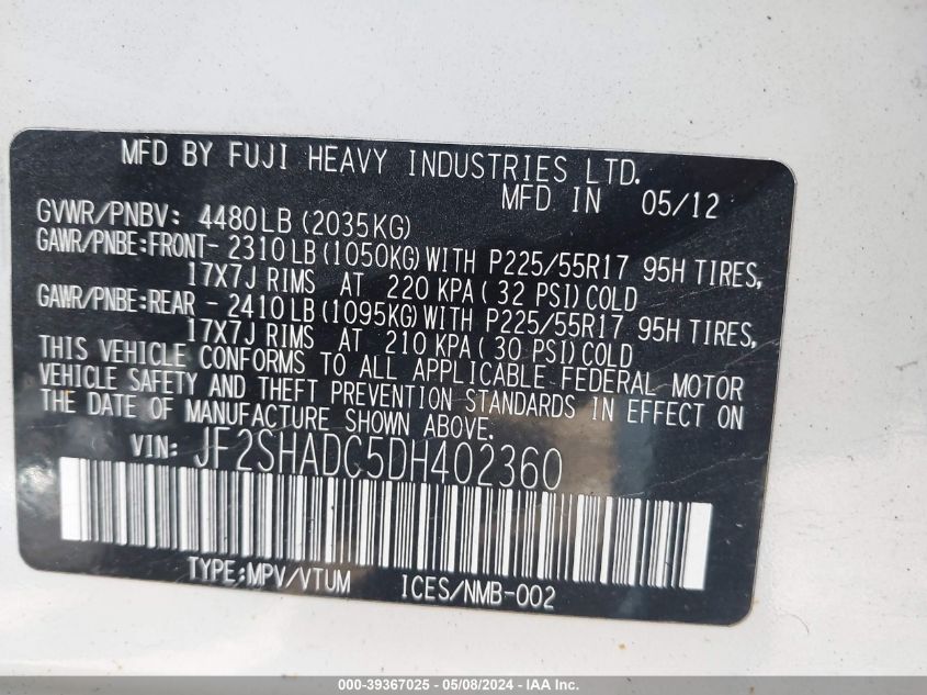 2013 SUBARU FORESTER 2.5X PREMIUM - JF2SHADC5DH402360