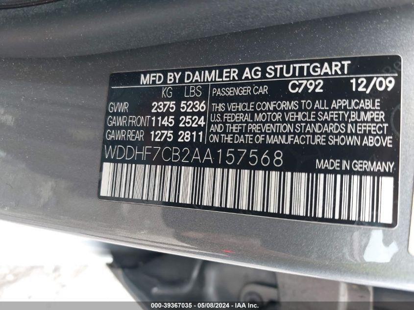 2010 Mercedes-Benz E 550 VIN: WDDHF7CB2AA157568 Lot: 39367035