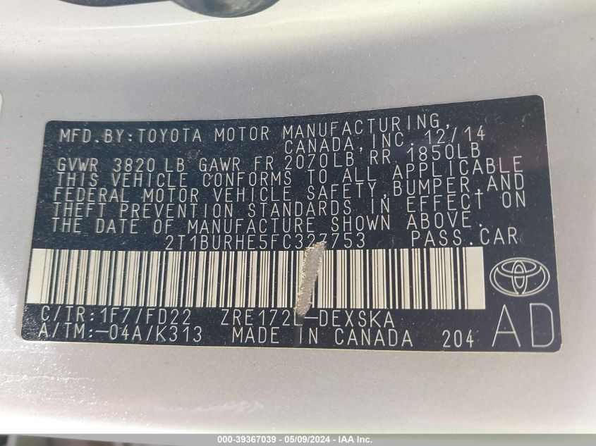 2015 Toyota Corolla S Plus VIN: 2T1BURHE5FC327753 Lot: 39367039