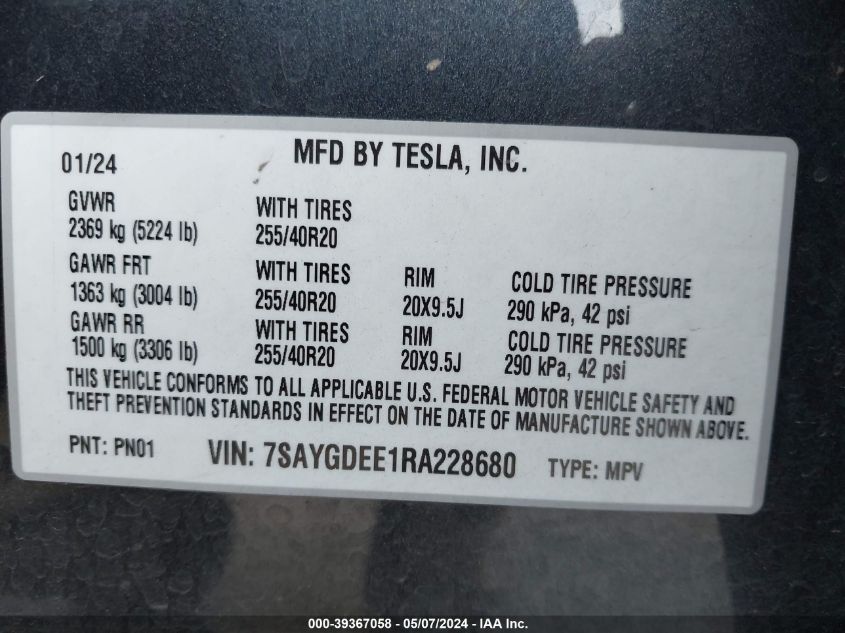 2024 Tesla Model Y Long Range Dual Motor All-Wheel Drive VIN: 7SAYGDEE1RA228680 Lot: 39367058