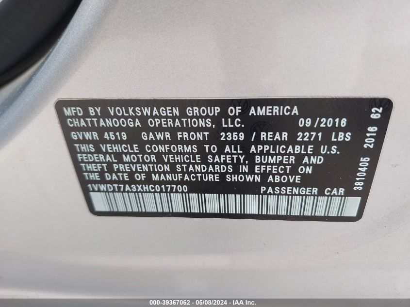 2017 VOLKSWAGEN PASSAT 1.8T R-LINE - 1VWDT7A3XHC017700