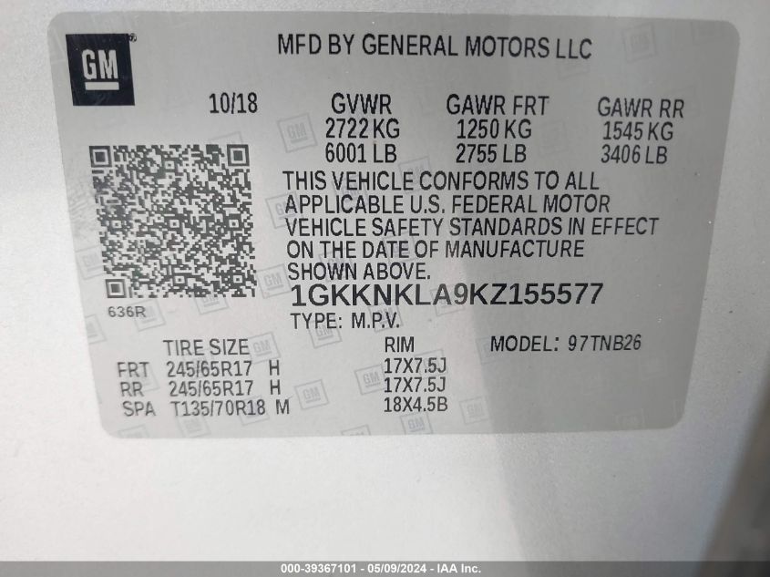 1GKKNKLA9KZ155577 2019 GMC Acadia Sle-1