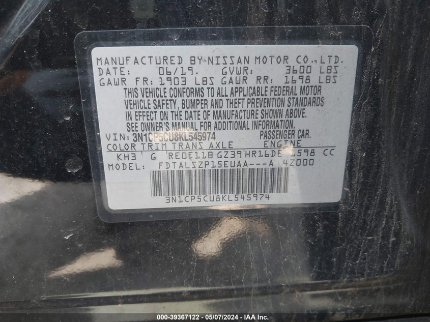 VIN 3N1CP5CU8KL545974 2019 NISSAN KICKS S/SR/SV