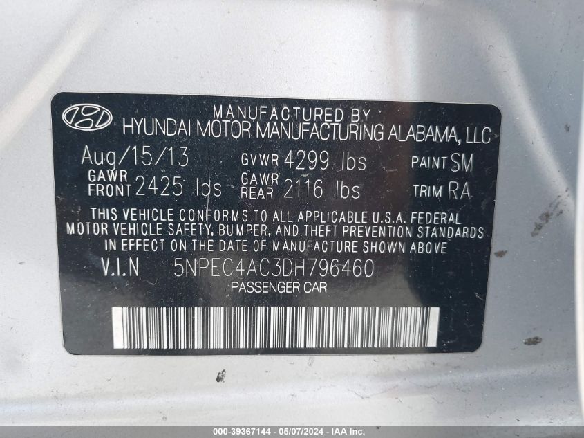 2013 Hyundai Sonata Se VIN: 5NPEC4AC3DH796460 Lot: 39367144