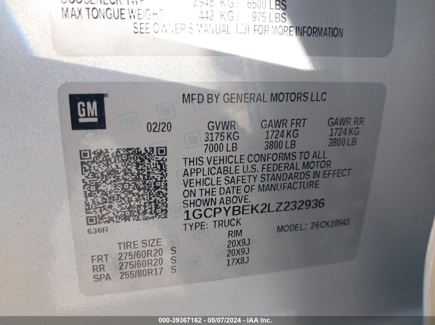 2020 CHEVROLET SILVERADO 1500 K1500 CUSTOM - 1GCPYBEK2LZ232936