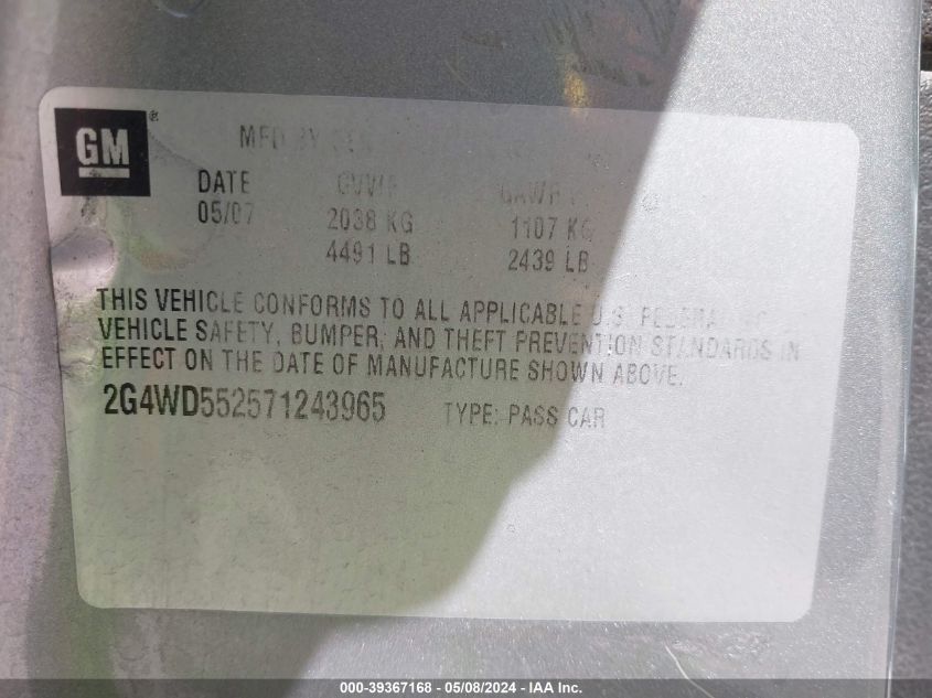 2007 Buick Lacrosse Cxl VIN: 2G4WD552571243965 Lot: 39367168