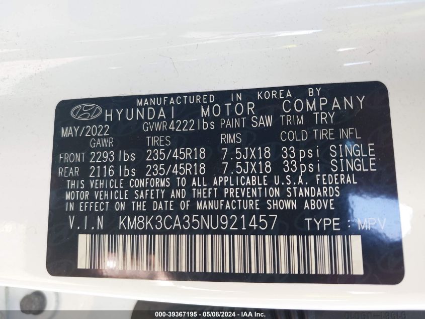 2022 Hyundai Kona N Line VIN: KM8K3CA35NU921457 Lot: 39367195