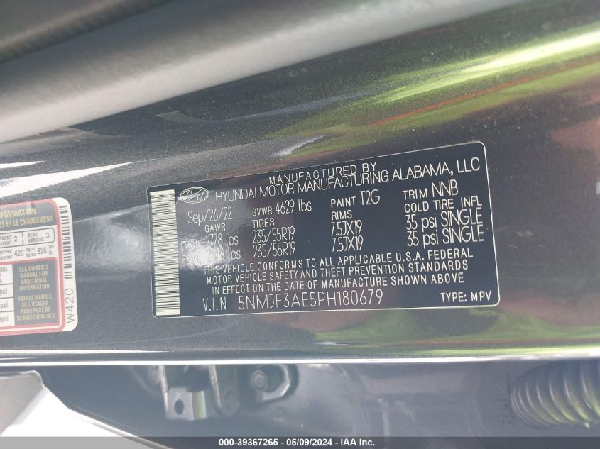 2023 Hyundai Tucson Sel VIN: 5NMJF3AE5PH180679 Lot: 39367265