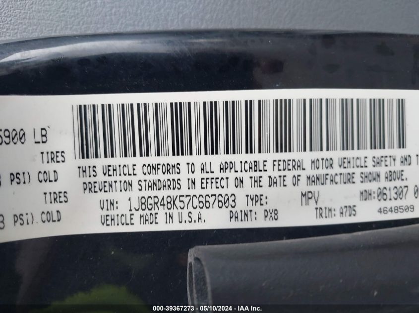 2007 Jeep Grand Cherokee Laredo VIN: 1J8GR48K57C667603 Lot: 39367273