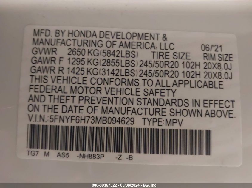 2021 Honda Pilot Awd Black Edition VIN: 5FNYF6H73MB094629 Lot: 39367322