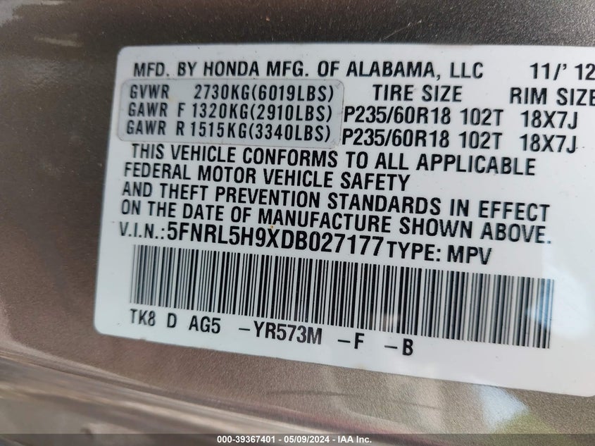 2013 HONDA ODYSSEY TOURING/TOURING ELITE - 5FNRL5H9XDB027177