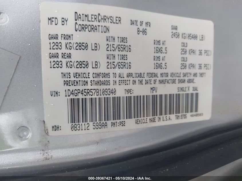 2007 Dodge Caravan Sxt VIN: 1D4GP45R57B109340 Lot: 39367421