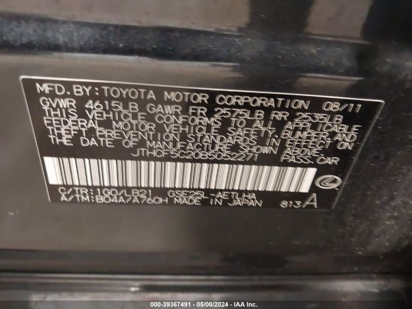 2011 Lexus Is 250 VIN: JTHCF5C20B5052271 Lot: 39367491