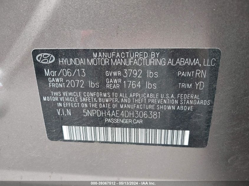 2013 Hyundai Elantra Gls VIN: 5NPDH4AE4DH306381 Lot: 39367512