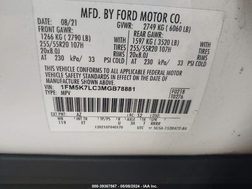 2021 Ford Explorer King Ranch VIN: 1FM5K7LC3MGB78881 Lot: 39367567