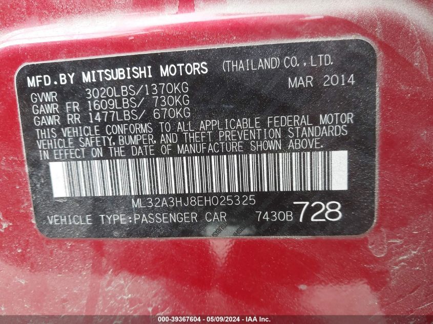 2014 Mitsubishi Mirage De VIN: ML32A3HJ8EH025325 Lot: 39367604