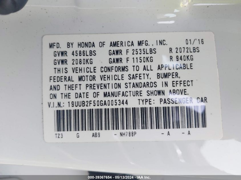 2016 Acura Tlx V6 Tech VIN: 19UUB2F50GA005344 Lot: 39367654