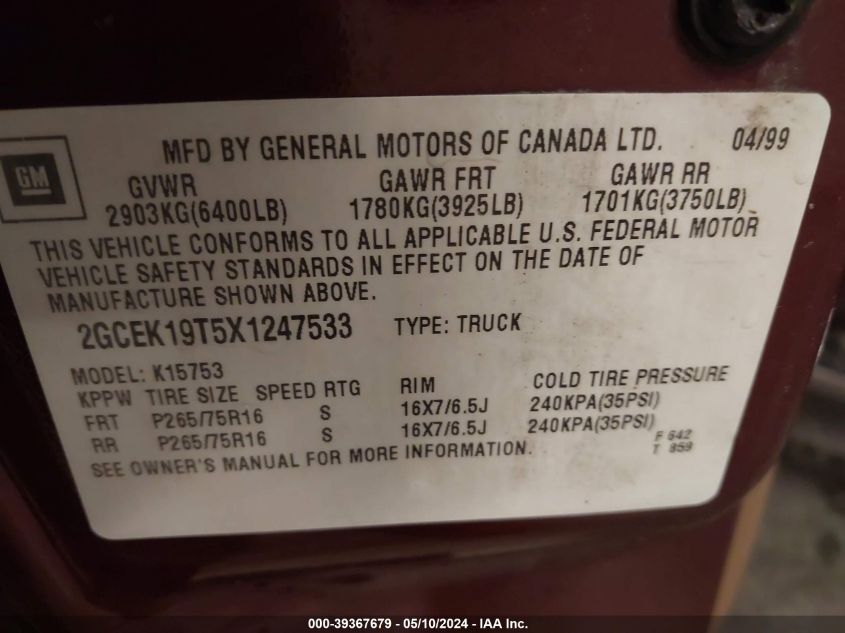 1999 Chevrolet Silverado 1500 Ls VIN: 2GCEK19T5X1247533 Lot: 39367679