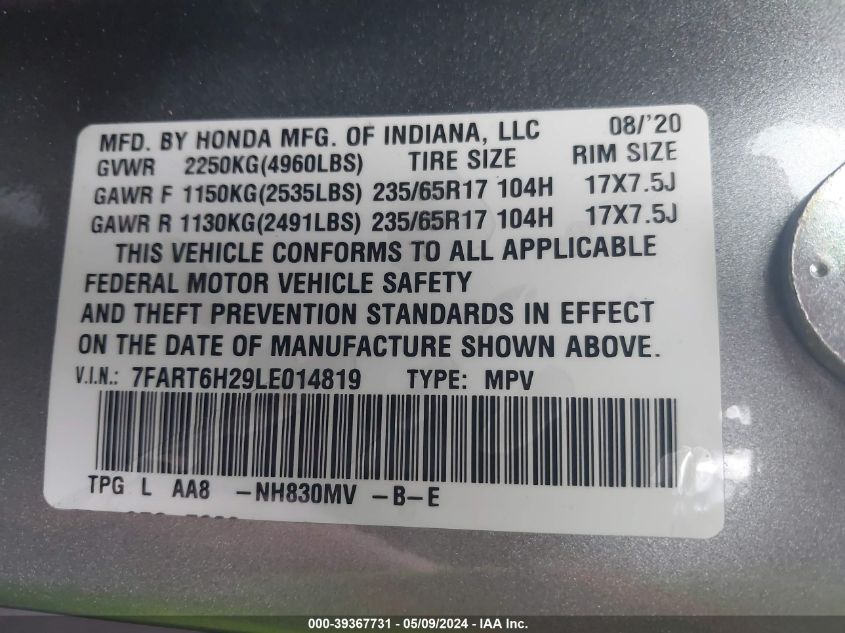 2020 Honda Cr-V Hybrid Lx VIN: 7FART6H29LE014819 Lot: 39367731