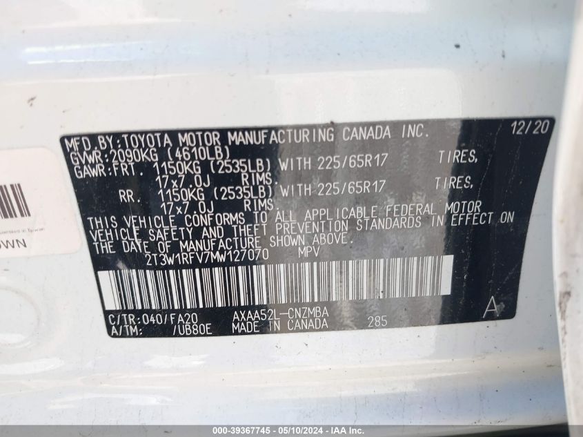 2021 Toyota Rav4 Xle VIN: 2T3W1RFV7MW127070 Lot: 39367745