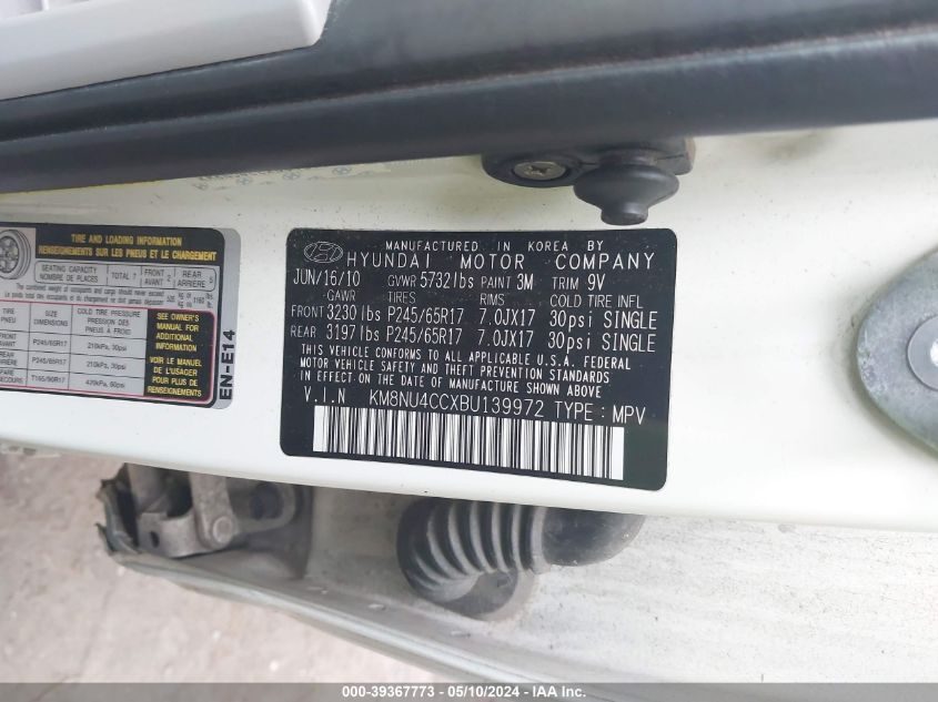 2011 Hyundai Veracruz Gls VIN: KM8NU4CCXBU139972 Lot: 39367773