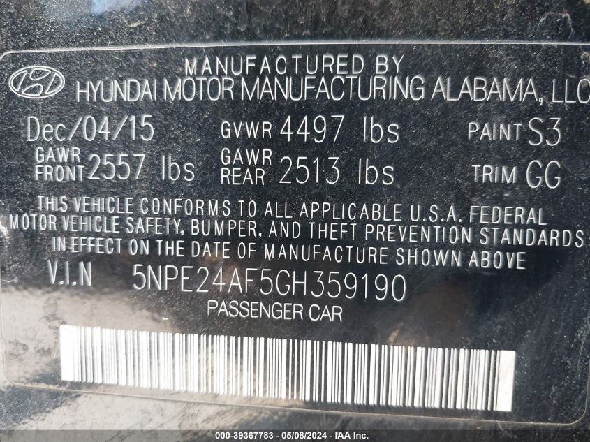 2016 HYUNDAI SONATA SE - 5NPE24AF5GH359190