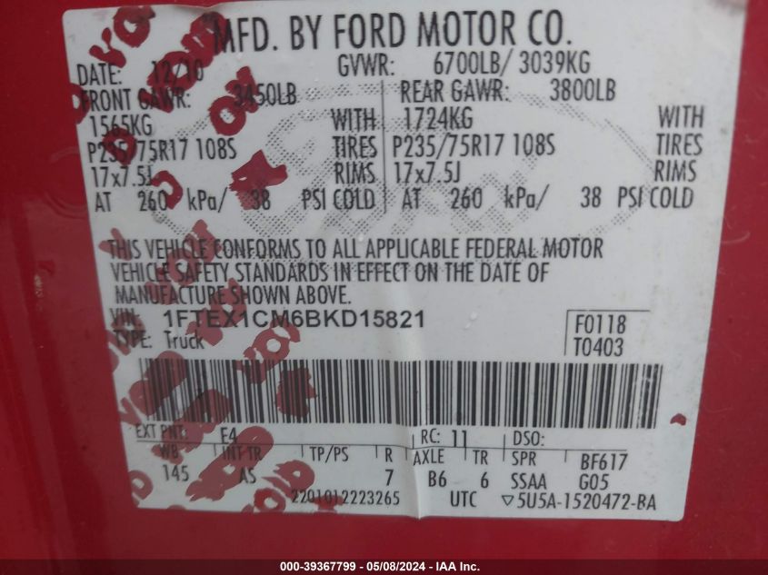 2011 Ford F-150 Xl VIN: 1FTEX1CM6BKD15821 Lot: 39367799