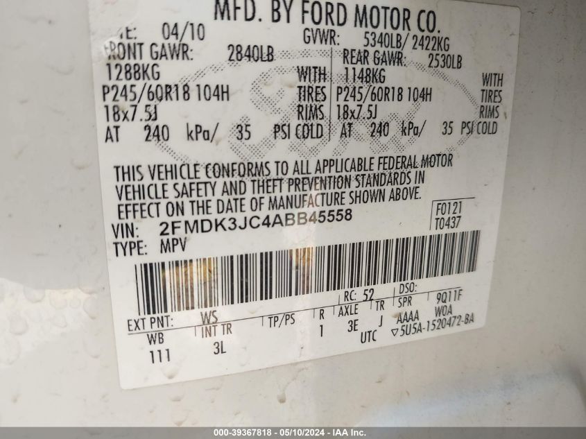 2010 Ford Edge Sel VIN: 2FMDK3JC4ABB45558 Lot: 39367818