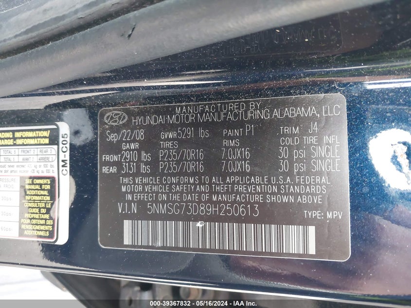 2009 Hyundai Santa Fe Gls VIN: 5NMSG73D89H250613 Lot: 39367832