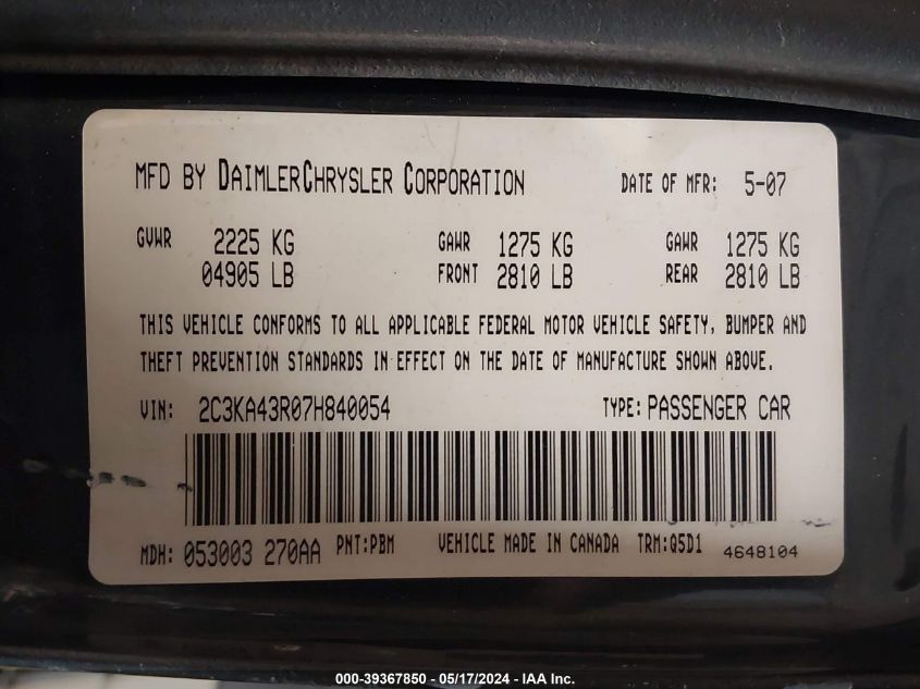 2007 Chrysler 300 VIN: 2C3KA43R07H840054 Lot: 39367850
