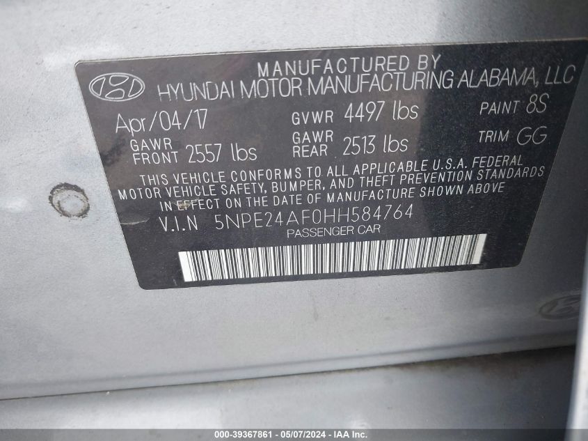 2017 HYUNDAI SONATA - 5NPE24AF0HH584764