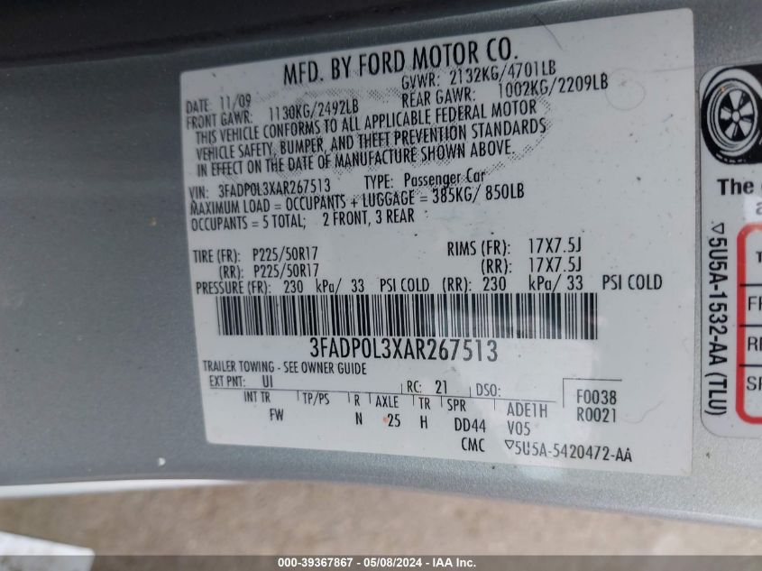 2010 Ford Fusion Hybrid VIN: 3FADP0L3XAR267513 Lot: 39367867