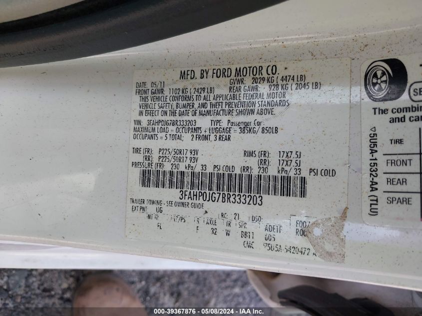 2011 Ford Fusion Sel VIN: 3FAHP0JG7BR333203 Lot: 39367876