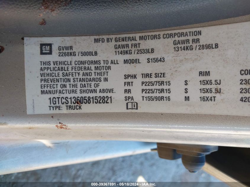 2005 GMC Canyon Sle VIN: 1GTCS136058152821 Lot: 39367891