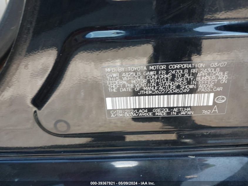 2007 Lexus Is 250 VIN: JTHBK262272045249 Lot: 39367921