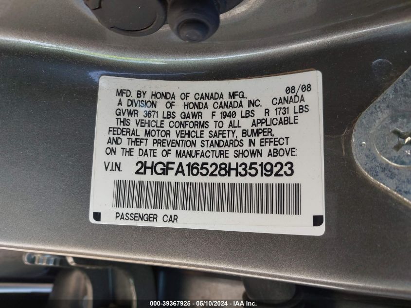 2008 Honda Civic Sdn Lx VIN: 2HGFA16528H351923 Lot: 39367925