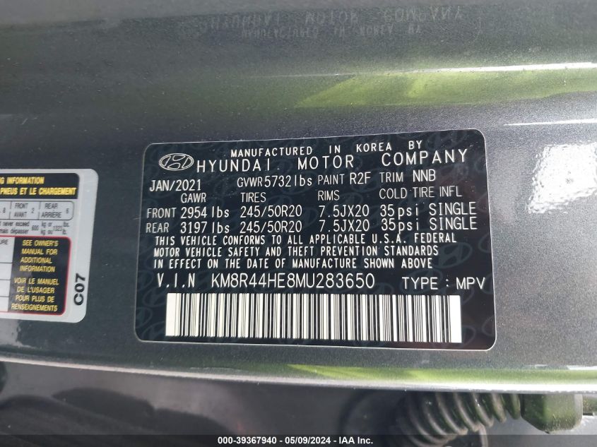 2021 Hyundai Palisade Sel VIN: KM8R44HE8MU283650 Lot: 39367940